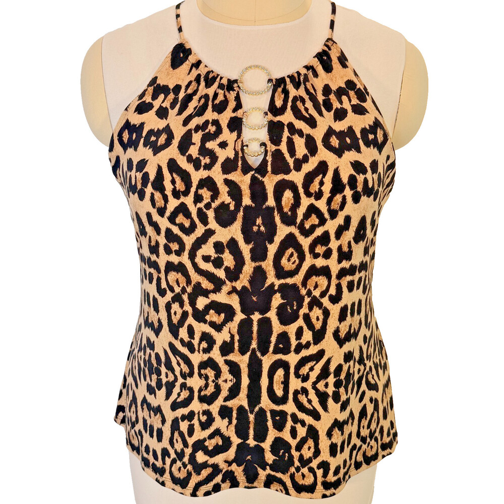 INC Tank Blouse Womens XXL Cheetah Print Halter Neck Jeweled Rings